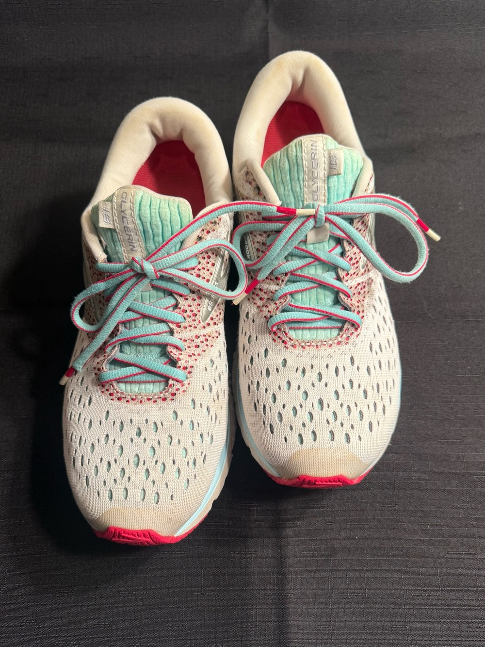 Brooks Glycerin 16, White, with Pink & Aqua Details